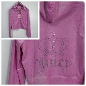 Juicy Couture OG Big Bling Velour Hoodie in Floral Bloom Pink Size L